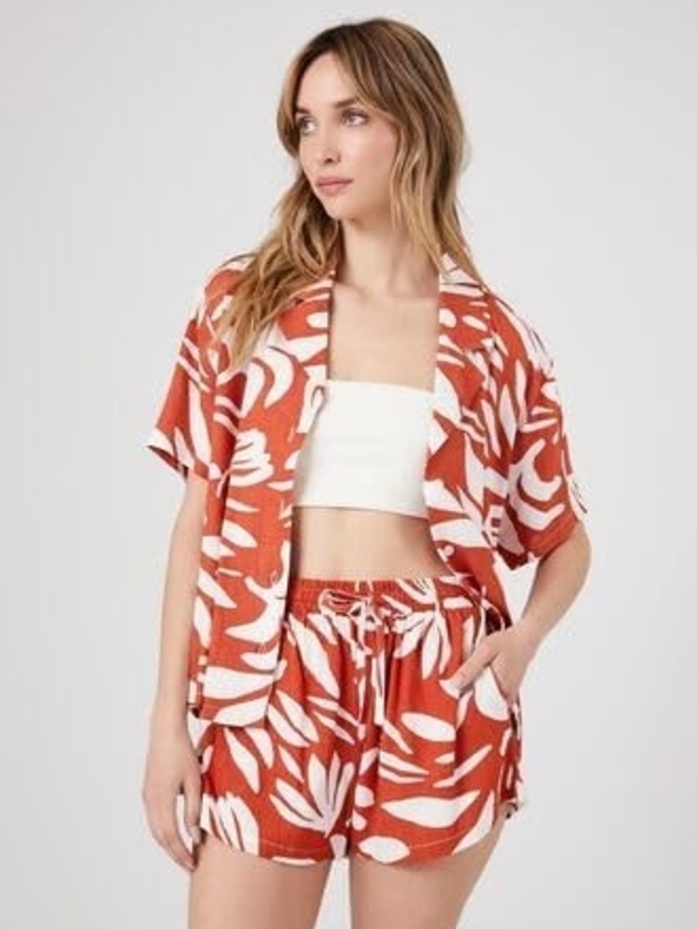 Forever 21 SET Button-Down Shirt & Shorts Rust Orange and White Floral